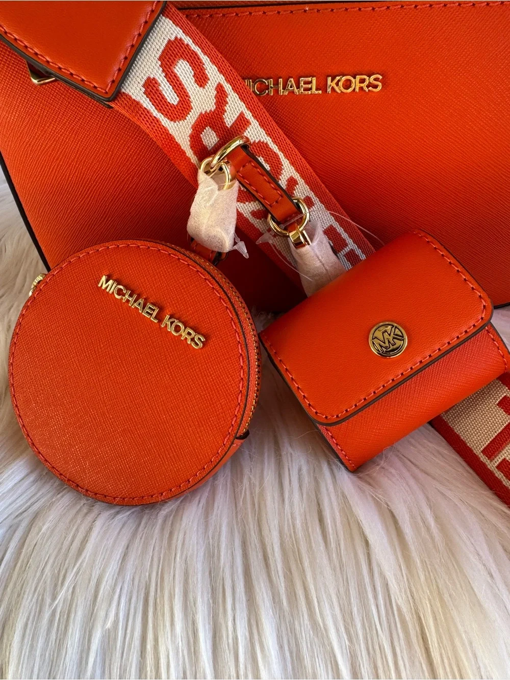 Michael Kors Orange Saffiano Leather Crossbody Trio with Branded Strap